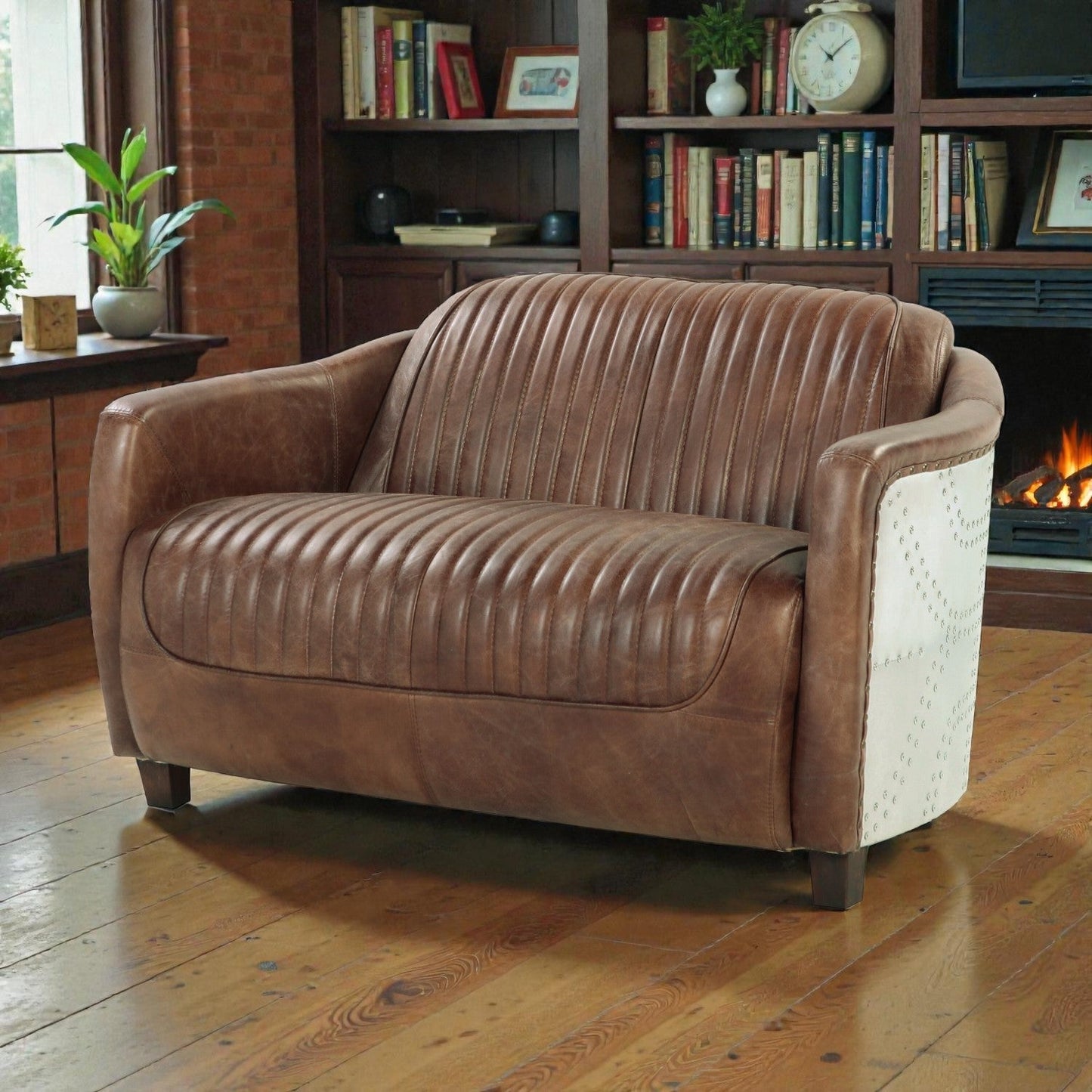 Brown Top Grain Leather Aviator Loveseat - 1st Choice Furniture Direct