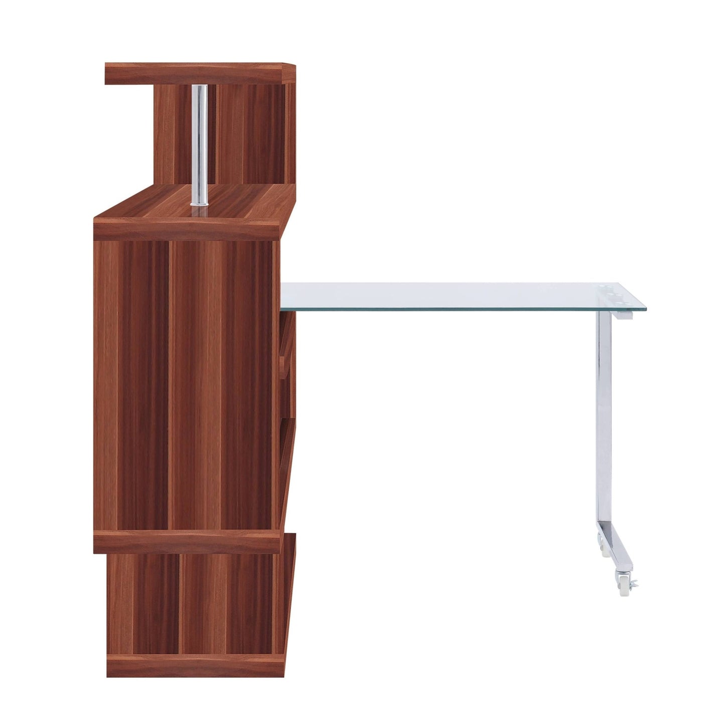 Buck II Clear Glass, Chrome & Walnut High Gloss Finish Writing Desk W/Bookshelf (Writing Desk w/Swivel Function 360) - 1st Choice Furniture Direct