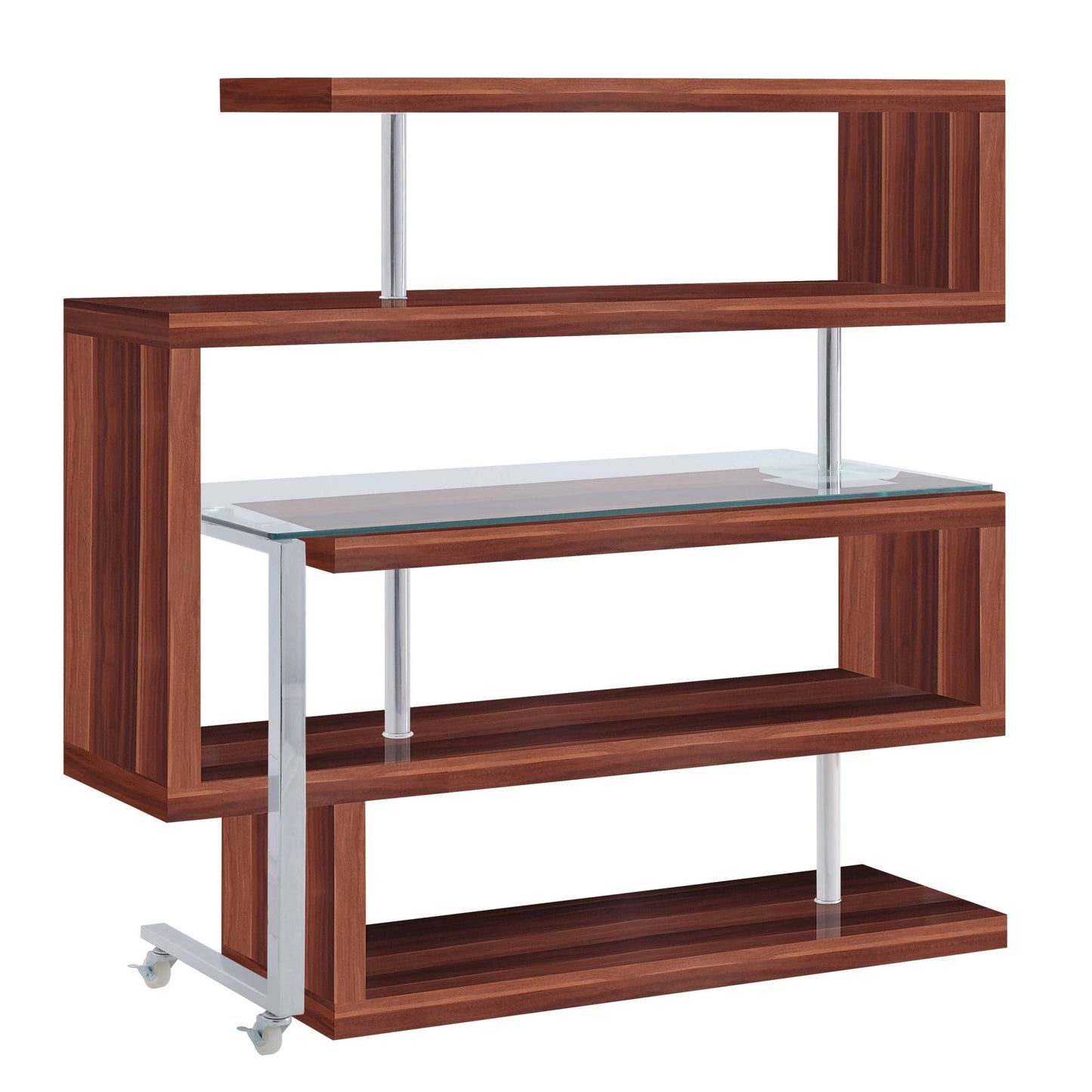 Buck II Clear Glass, Chrome & Walnut High Gloss Finish Writing Desk W/Bookshelf (Writing Desk w/Swivel Function 360) - 1st Choice Furniture Direct
