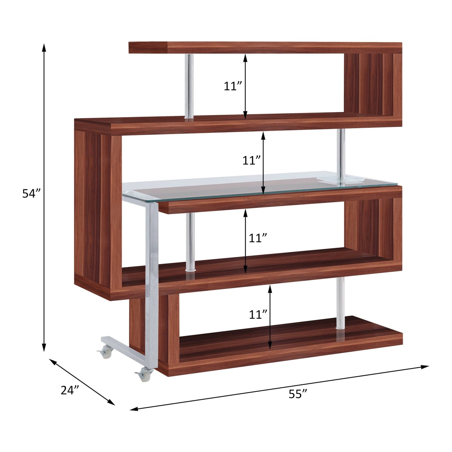 Buck II Clear Glass, Chrome & Walnut High Gloss Finish Writing Desk W/Bookshelf (Writing Desk w/Swivel Function 360) - 1st Choice Furniture Direct