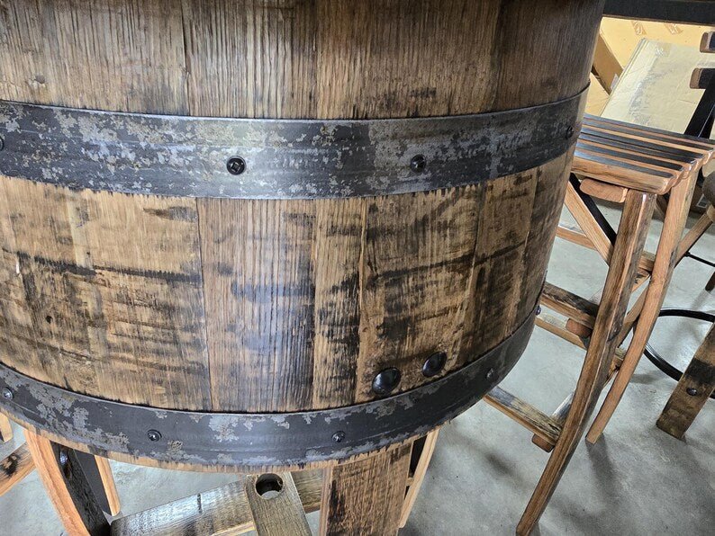 Buffalo Trace Whiskey Barrel Pub Table Set with 2 Stools | Rustic Bourbon Furniture - 1st Choice Furniture Direct