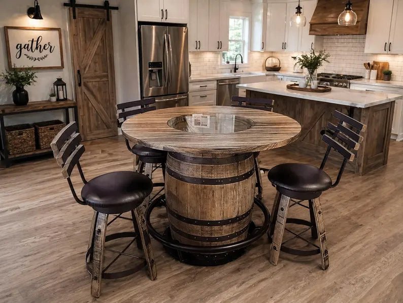 Buffalo Trace Whiskey Barrel Pub Table Set with 4 Stools - 1st Choice Furniture Direct