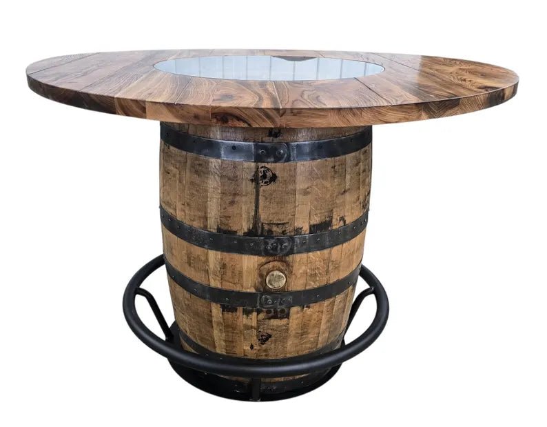 Buffalo Trace® Whiskey Barrel Table with Glass Top | Handmade Bourbon Barrel Bar Table (48” & 56”) - 1st Choice Furniture Direct