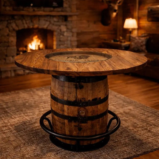 Buffalo Trace® Whiskey Barrel Table with Glass Top | Handmade Bourbon Barrel Bar Table (48” & 56”) - 1st Choice Furniture Direct