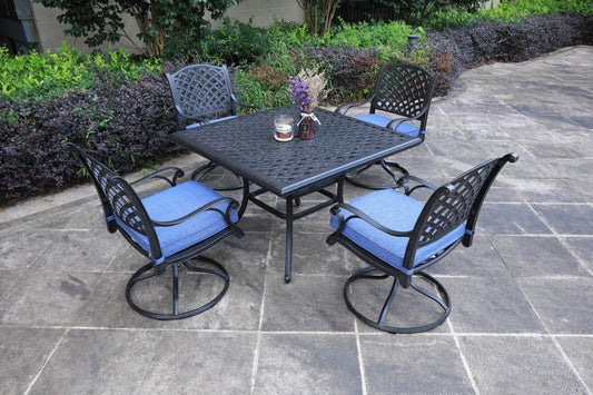 Square 4 - Person 43.19' Long Aluminum Dining Set with Navy Blue Cushions