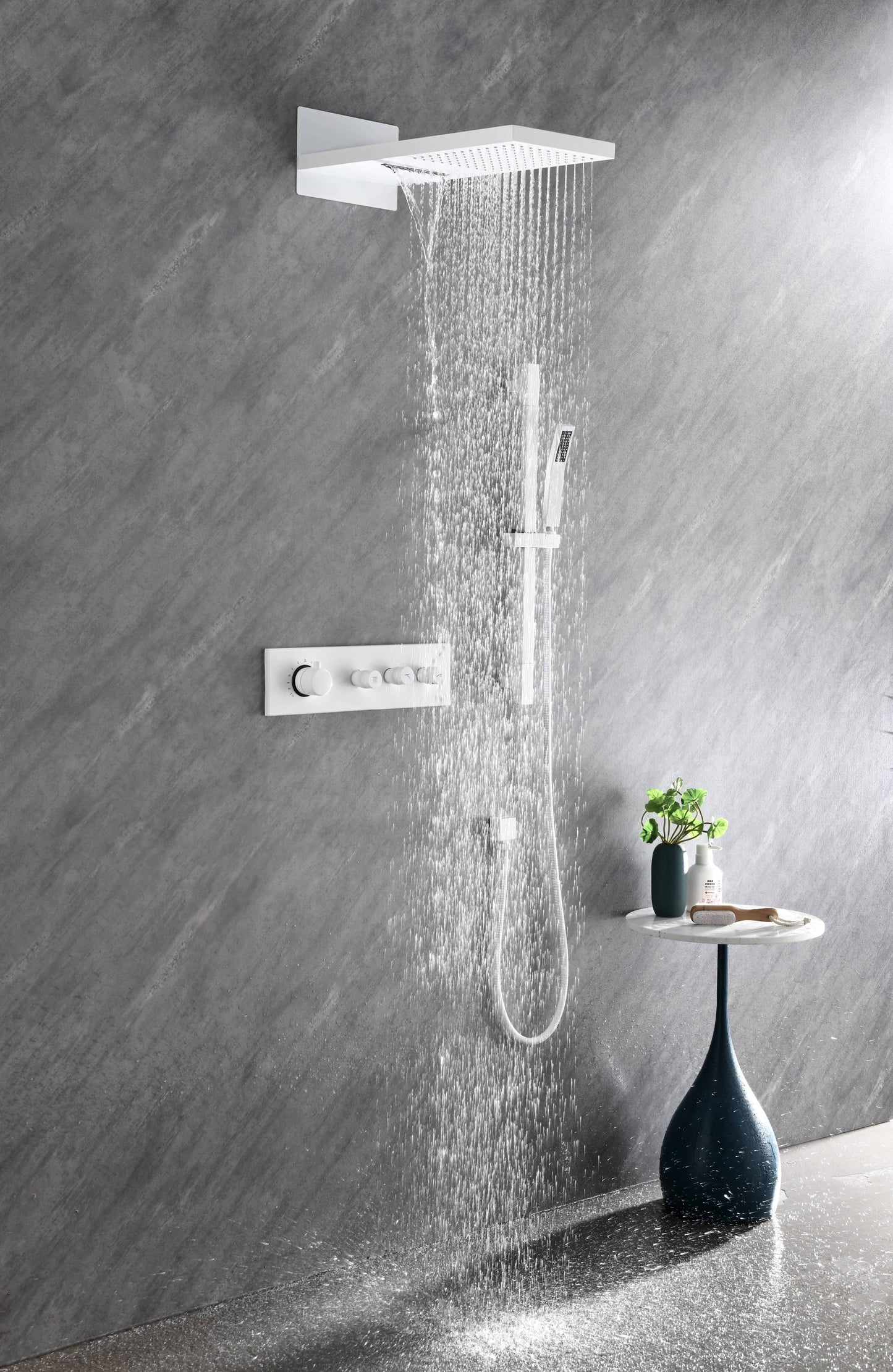 Wall mounted waterfall shower system with hand shower, sliding bar