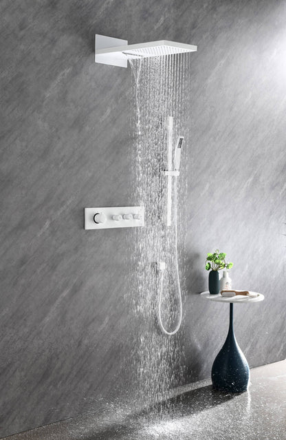 Wall mounted waterfall shower system with hand shower, sliding bar