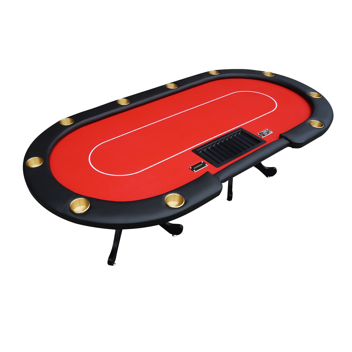 96' Poker Table for Texas Holdem Casino Game Premium Aura Oval with Waterproof Felt Cup Holders Chips Tray Drop Box Red
