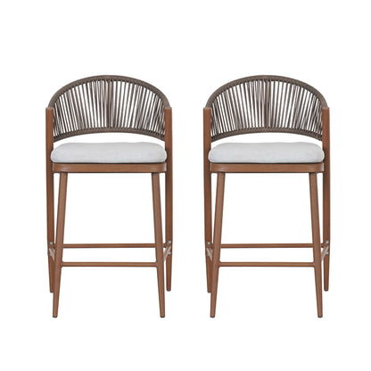 Outdoor Counter Stools Set of 2 – Wicker Teak Finish Aluminum Patio Chairs with Cushions