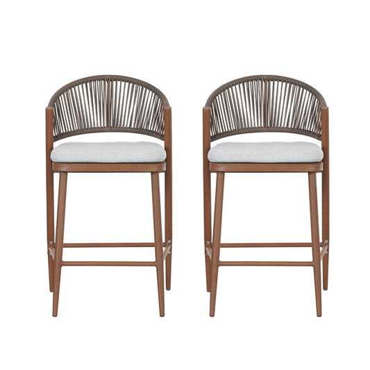 Outdoor Counter Stools Set of 2 – Wicker Teak Finish Aluminum Patio Chairs with Cushions