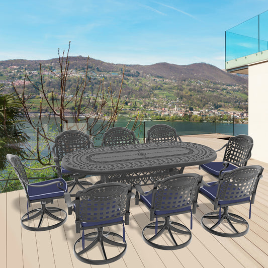 9-Piece All-Weather Cast Aluminum Dining Set, Include 8 Swivel Chairs and Oval Table With Black Frame