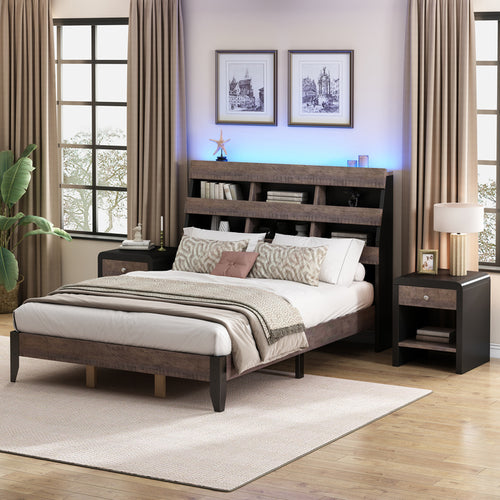 1st Choice Mid Century Modern Style Queen Bed Frame with Bookshelf