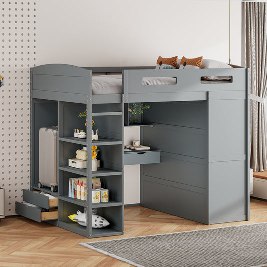 Full Size Loft Bed with Desk, Wardrobes, 4 Drawers and 4 Shelves-Gray