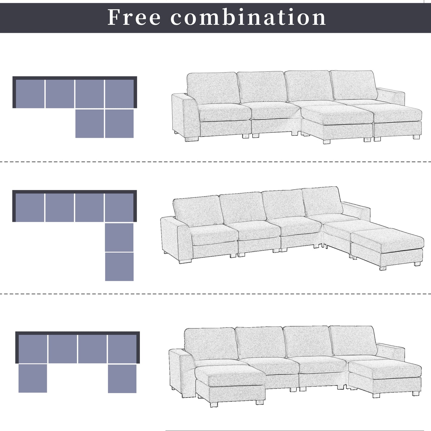 1st Choice 3 Pieces U shaped Sofa with Removable Ottomans in Beige