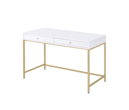 Modern White High-Gloss Writing Desk with Gold Metal Legs