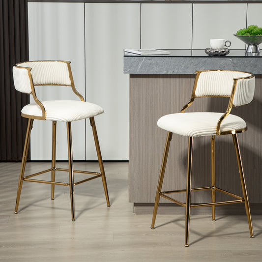 (SET of 2) 26'' Counter height bar stools Corduroy kitchen island counter bar stool with back,golden chromed base and footrest (BEIGE)