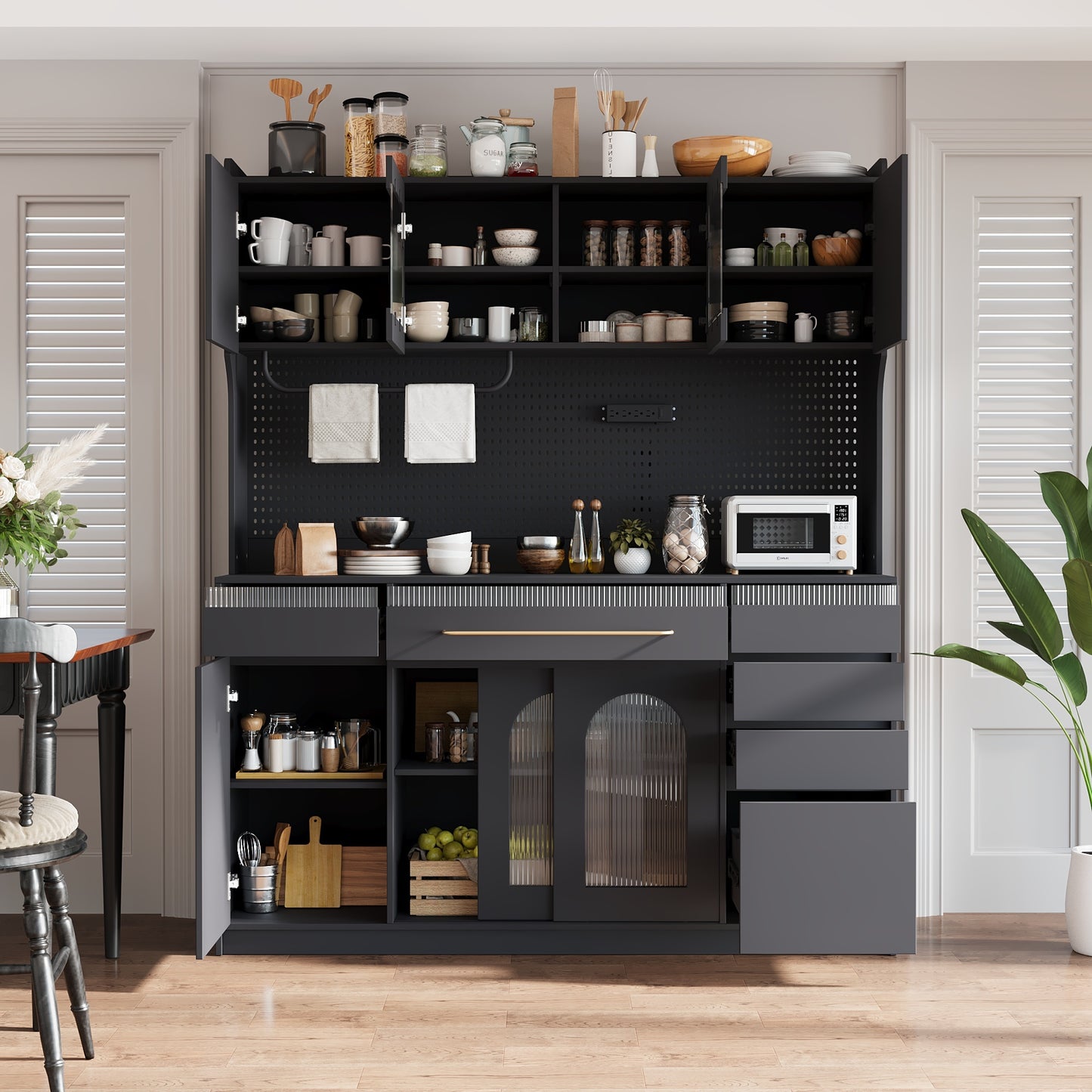 (Assembly Video Offered) TOPMAX Freestanding 63'' W Buffet with Hutch, Large Coffee Bar Storage Cabinet with 6 Drawers, 5 Cabinets with Adjustable Shelves,Pegboard,Towel Rack, Power Outlet,Black
