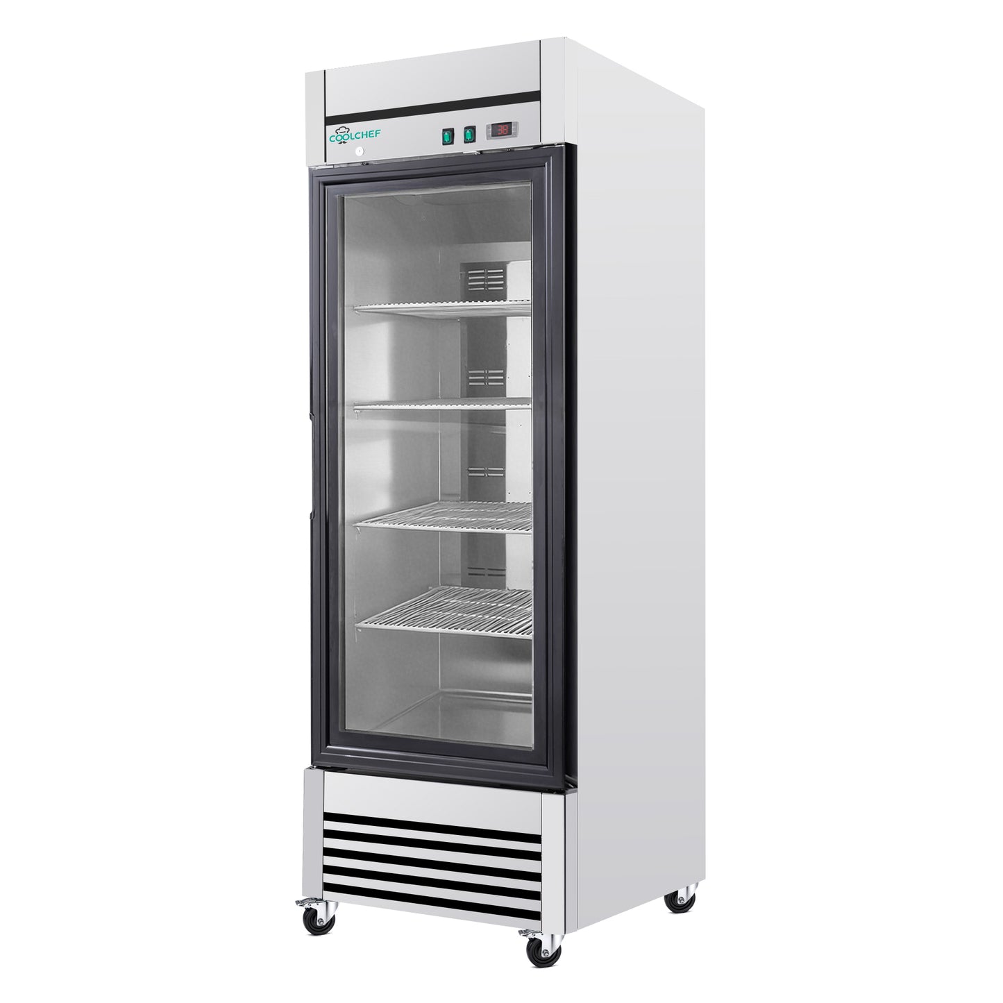 27' Single Glass Door Commercial Reach-In Display Refrigerator, 33–40°F Merchandiser Cooler, Stainless Steel, R290, ETL DOE