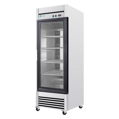 27' Single Glass Door Commercial Reach-In Display Refrigerator, 33–40°F Merchandiser Cooler, Stainless Steel, R290, ETL DOE
