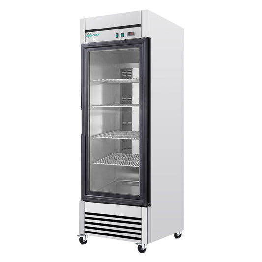 27' Single Glass Door Commercial Reach-In Display Refrigerator, 33–40°F Merchandiser Cooler, Stainless Steel, R290, ETL DOE