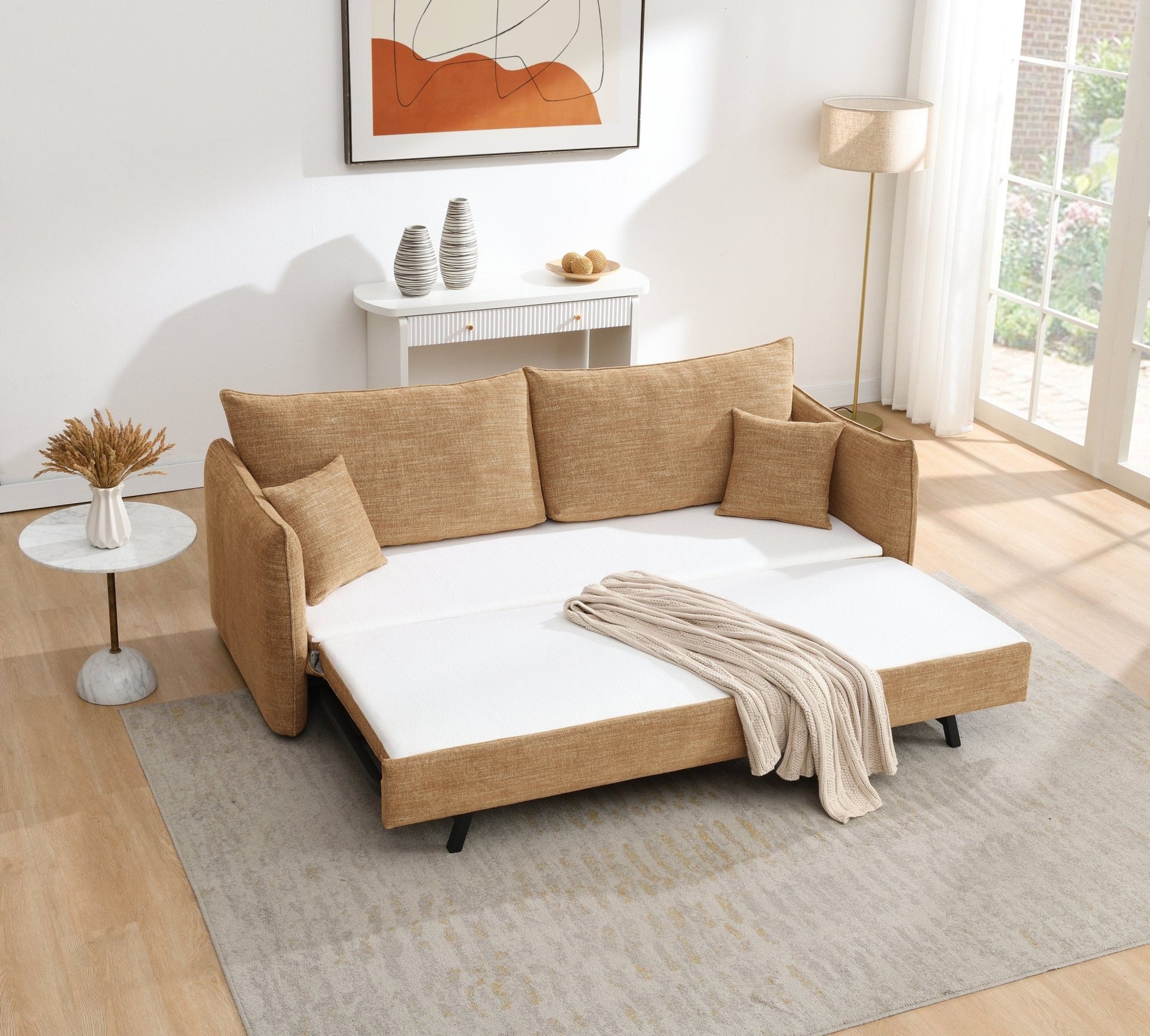 Cadie Mocha Chenille Sofa w/2 Pillows (Can turn into a sofa bed) - 1st Choice Furniture Direct