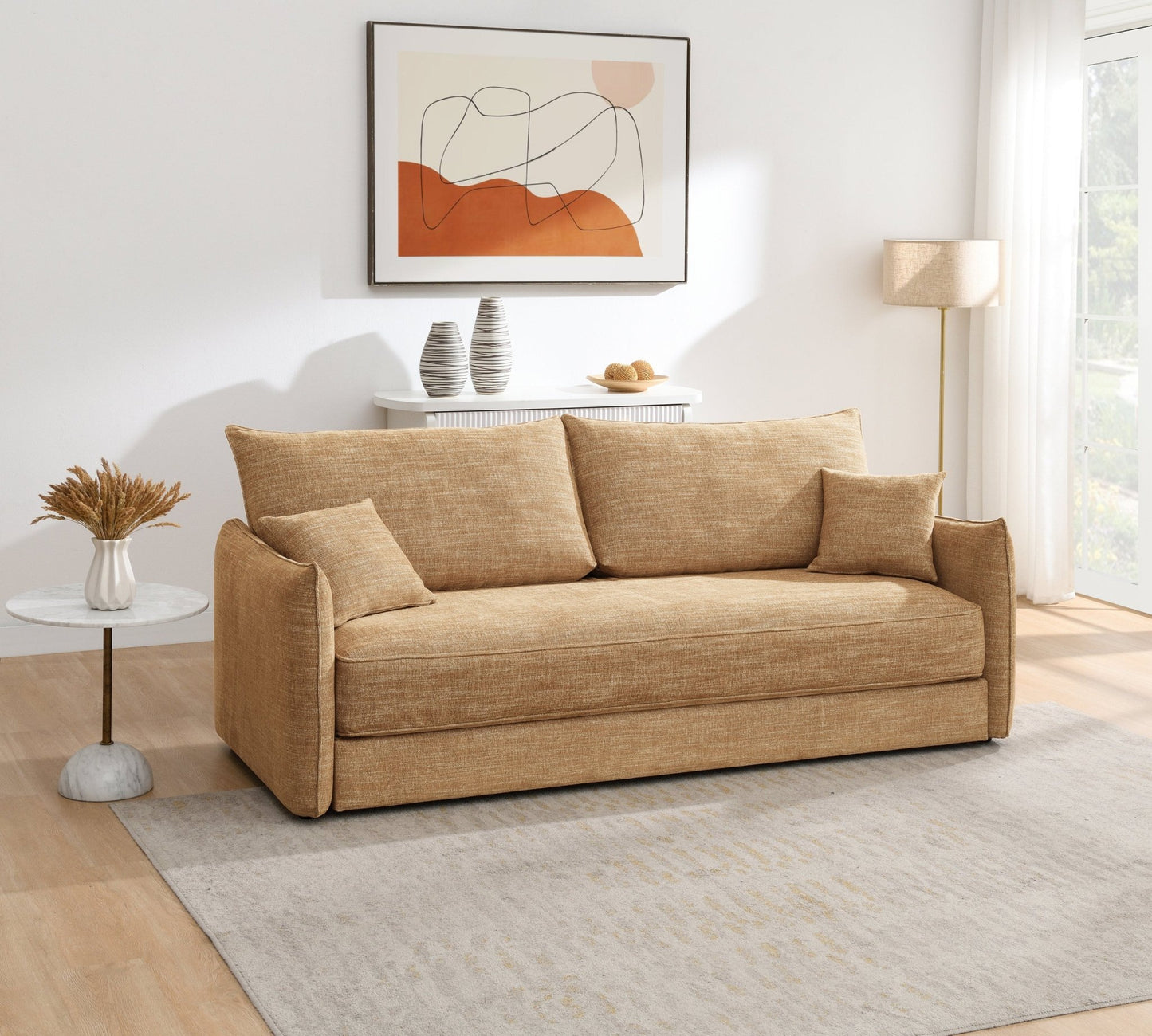 Cadie Mocha Chenille Sofa w/2 Pillows (Can turn into a sofa bed) - 1st Choice Furniture Direct