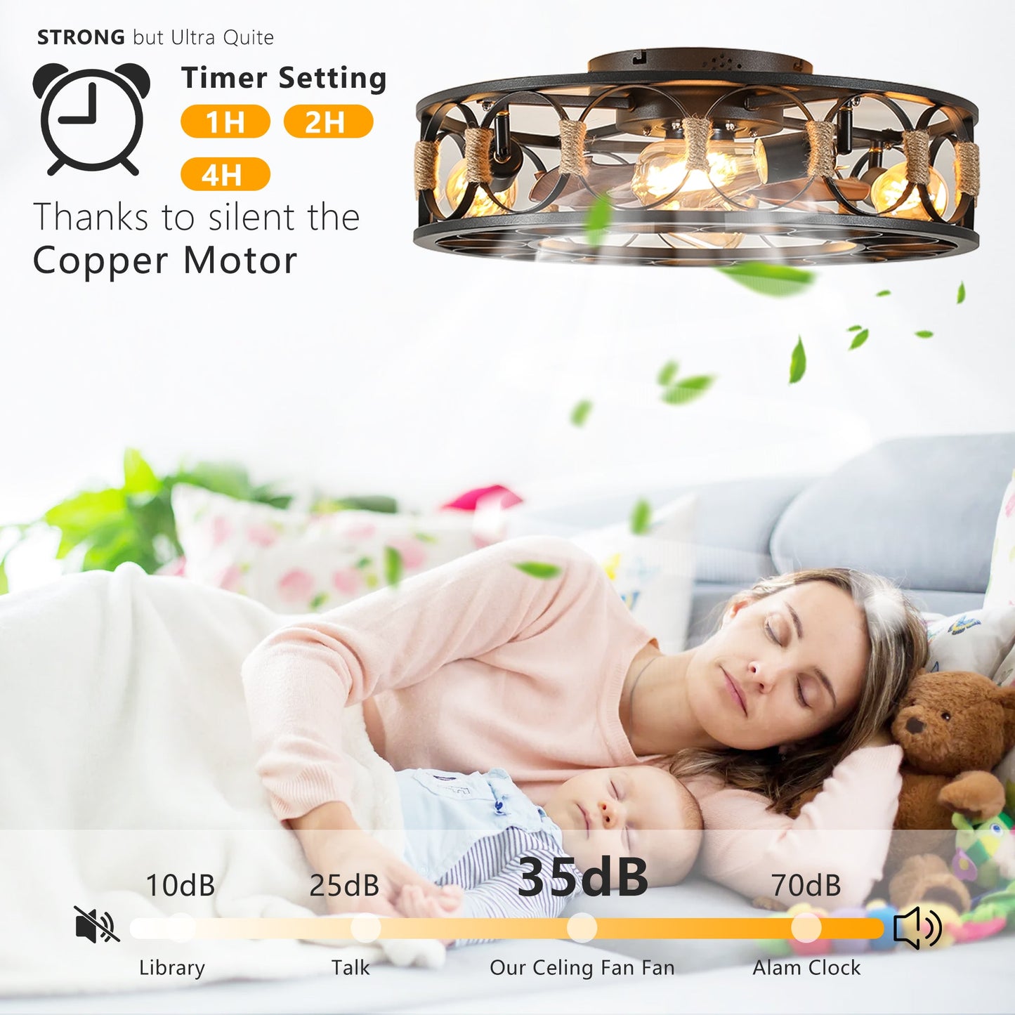 Caged Ceiling Fan with Lights Remote Control, Low Profile Flush Mount Farmhouse Modern Ceiling fans, 6 Speeds Reversible Blades, 5 LED Bulbs Include(Black) - 1st Choice Furniture Direct