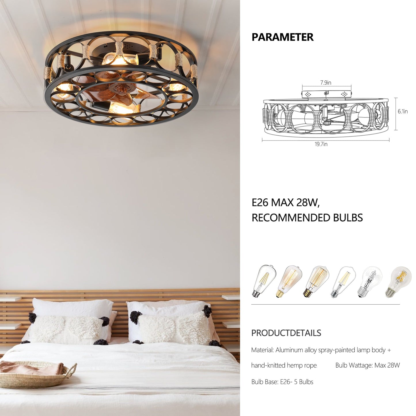 Caged Ceiling Fan with Lights Remote Control, Low Profile Flush Mount Farmhouse Modern Ceiling fans, 6 Speeds Reversible Blades, 5 LED Bulbs Include(Black) - 1st Choice Furniture Direct