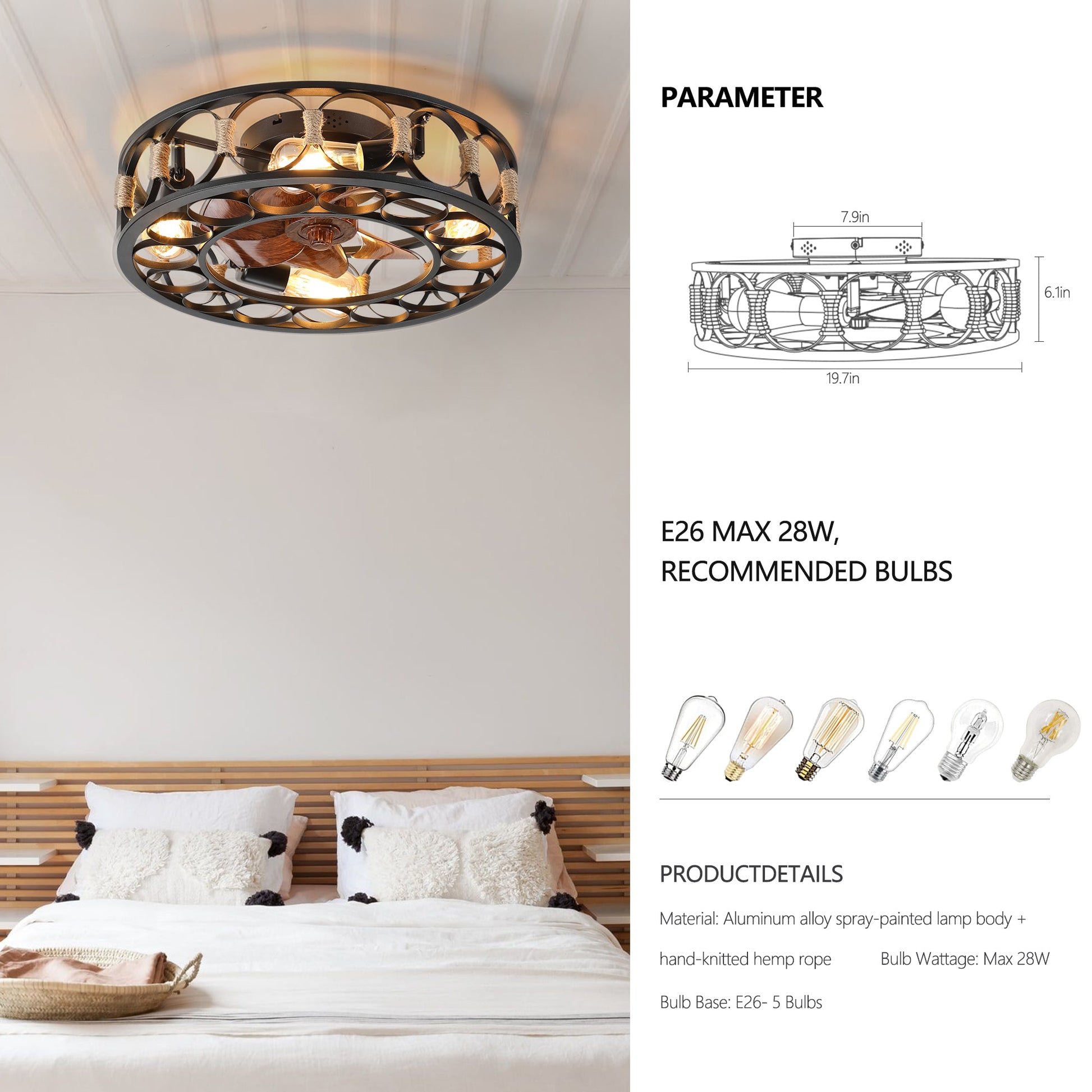 Caged Ceiling Fan with Lights Remote Control, Low Profile Flush Mount Farmhouse Modern Ceiling fans, 6 Speeds Reversible Blades, 5 LED Bulbs Include(Black) - 1st Choice Furniture Direct