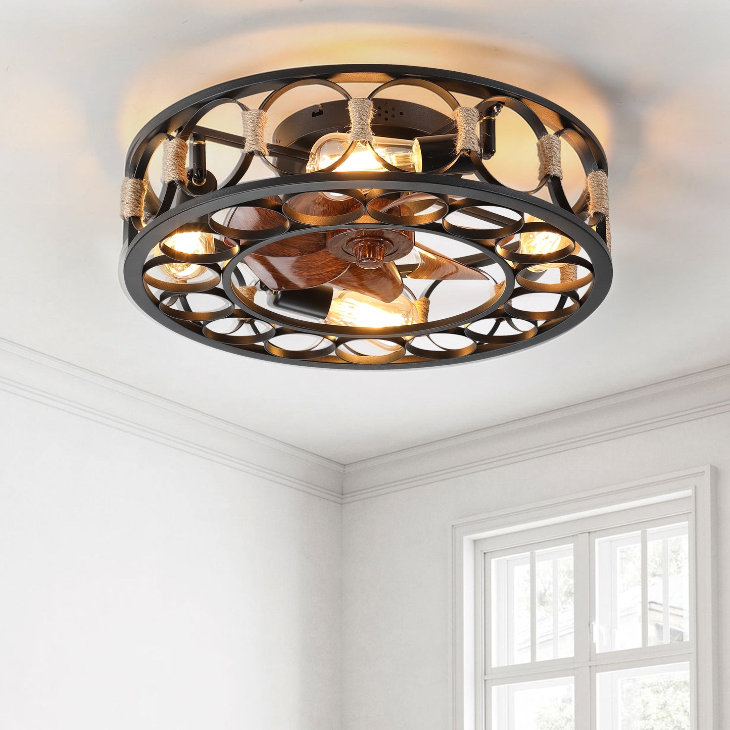 Caged Ceiling Fan with Lights Remote Control, Low Profile Flush Mount Farmhouse Modern Ceiling fans, 6 Speeds Reversible Blades, 5 LED Bulbs Include(Black) - 1st Choice Furniture Direct