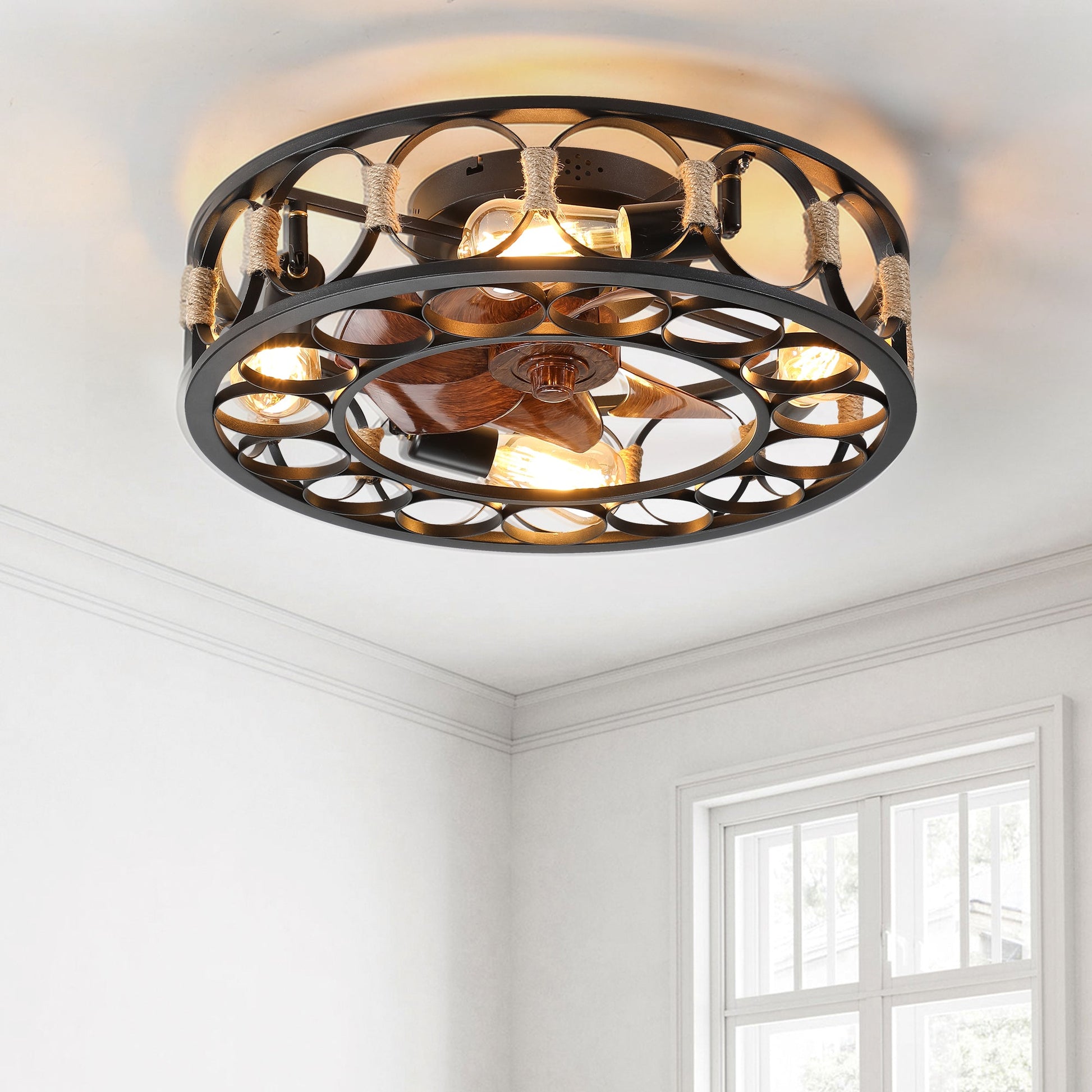 Caged Ceiling Fan with Lights Remote Control, Low Profile Flush Mount Farmhouse Modern Ceiling fans, 6 Speeds Reversible Blades, 5 LED Bulbs Include(Black) - 1st Choice Furniture Direct