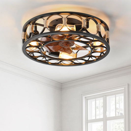 Caged Ceiling Fan with Lights Remote Control, Low Profile Flush Mount Farmhouse Modern Ceiling fans, 6 Speeds Reversible Blades, 5 LED Bulbs Include(Black) - 1st Choice Furniture Direct