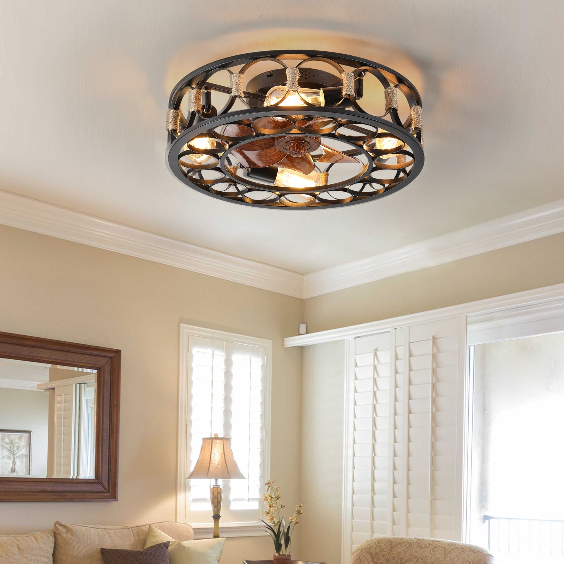 Caged Ceiling Fan with Lights Remote Control, Low Profile Flush Mount Farmhouse Modern Ceiling fans, 6 Speeds Reversible Blades, 5 LED Bulbs Include(Black) - 1st Choice Furniture Direct