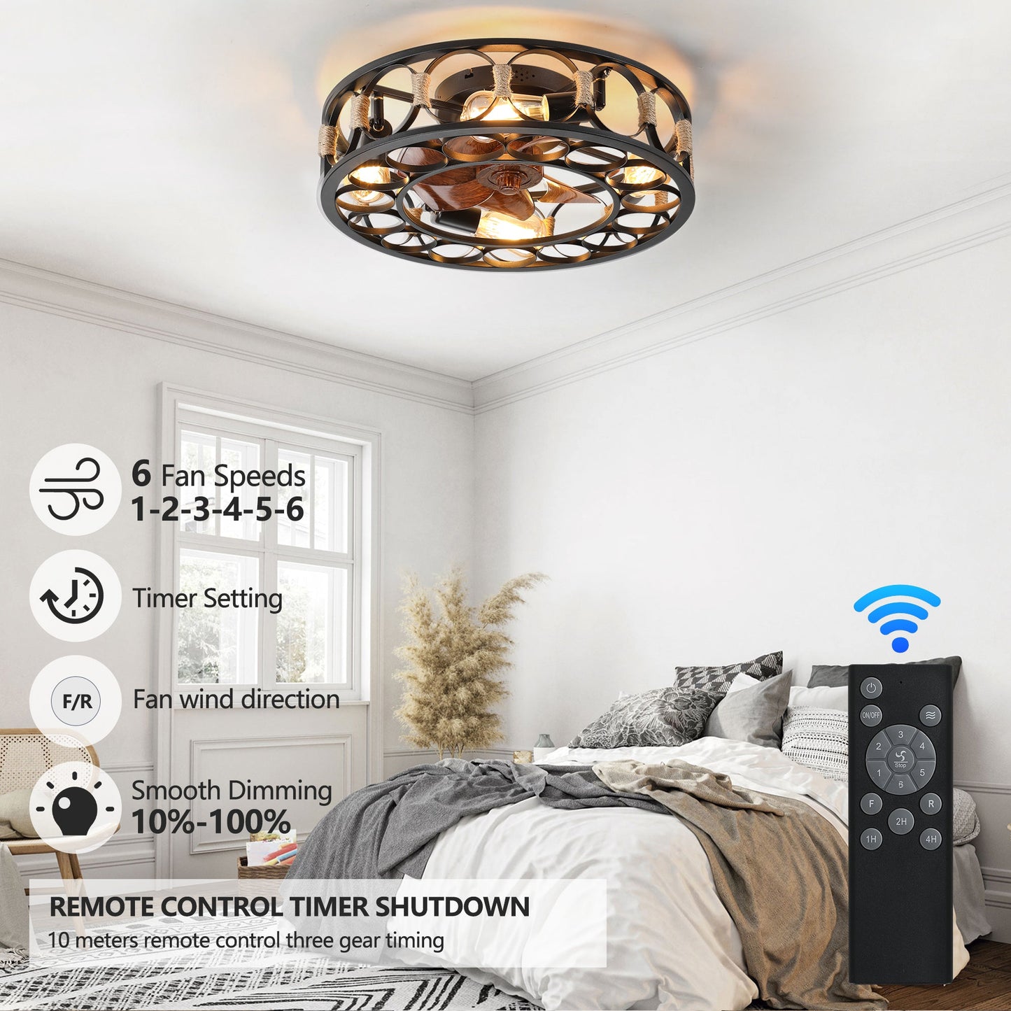 Caged Ceiling Fan with Lights Remote Control, Low Profile Flush Mount Farmhouse Modern Ceiling fans, 6 Speeds Reversible Blades, 5 LED Bulbs Include(Black) - 1st Choice Furniture Direct