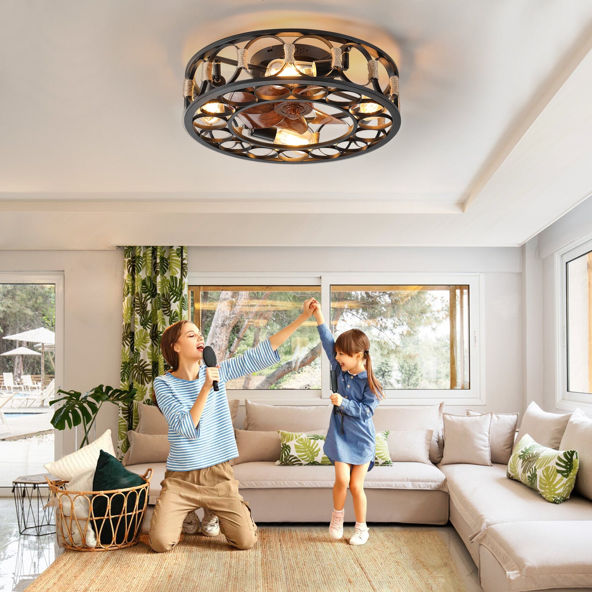 Caged Ceiling Fan with Lights Remote Control, Low Profile Flush Mount Farmhouse Modern Ceiling fans, 6 Speeds Reversible Blades, 5 LED Bulbs Include(Black) - 1st Choice Furniture Direct