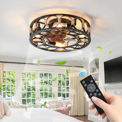 Caged Ceiling Fan with Lights Remote Control, Low Profile Flush Mount Farmhouse Modern Ceiling fans, 6 Speeds Reversible Blades, 5 LED Bulbs Include(Black) - 1st Choice Furniture Direct