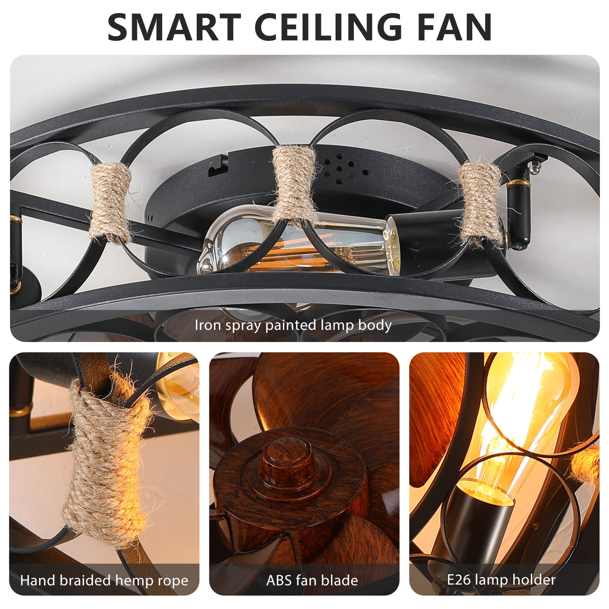 Caged Ceiling Fan with Lights Remote Control, Low Profile Flush Mount Farmhouse Modern Ceiling fans, 6 Speeds Reversible Blades, 5 LED Bulbs Include(Black) - 1st Choice Furniture Direct