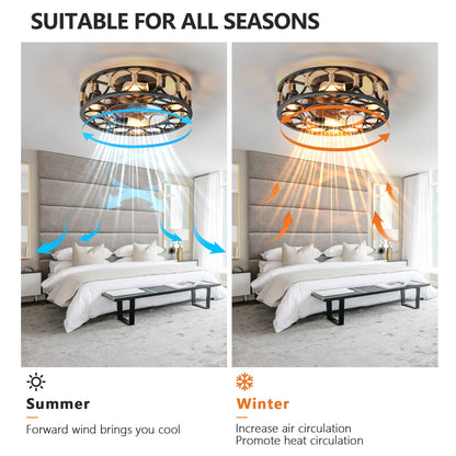 Caged Ceiling Fan with Lights Remote Control, Low Profile Flush Mount Farmhouse Modern Ceiling fans, 6 Speeds Reversible Blades, 5 LED Bulbs Include(Black) - 1st Choice Furniture Direct