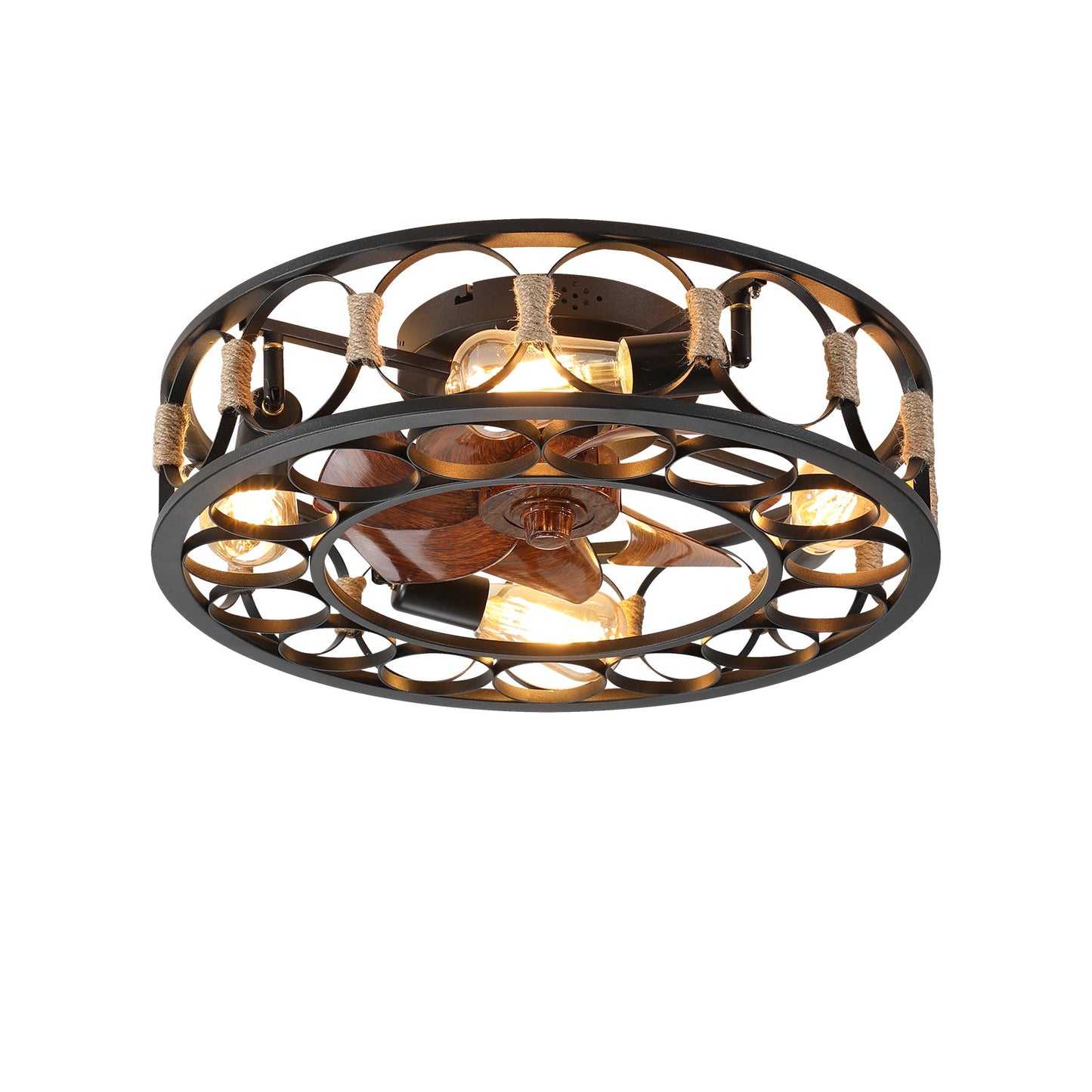 Caged Ceiling Fan with Lights Remote Control, Low Profile Flush Mount Farmhouse Modern Ceiling fans, 6 Speeds Reversible Blades, 5 LED Bulbs Include(Black) - 1st Choice Furniture Direct