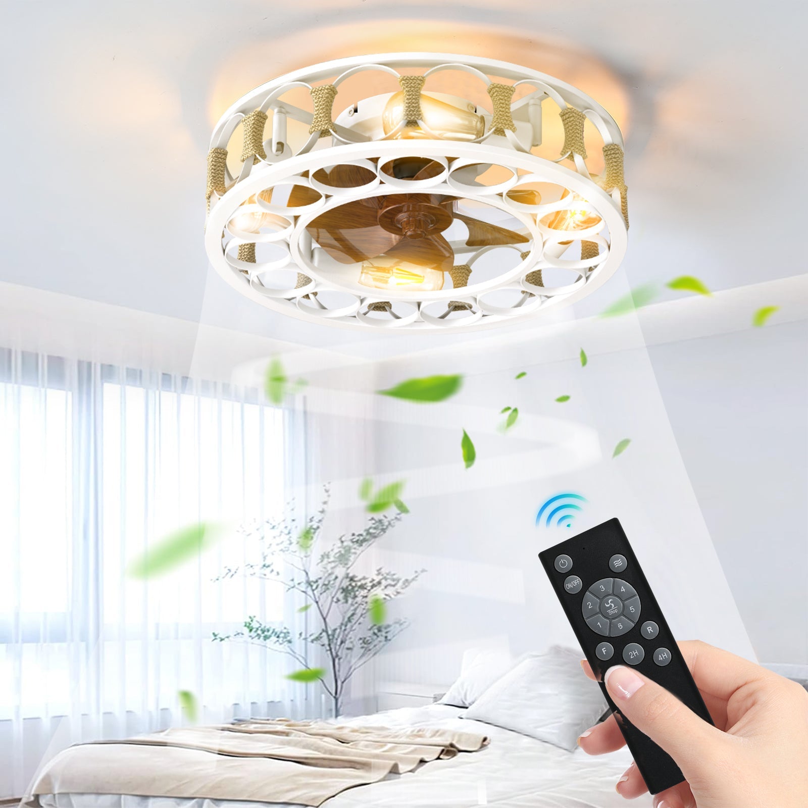 Caged Ceiling Fan with Lights Remote Control,Semi - embedded Modern Ceiling fans, 6 Speeds Reversible Blades, 4 LED Bulbs Include(White) - 1st Choice Furniture Direct