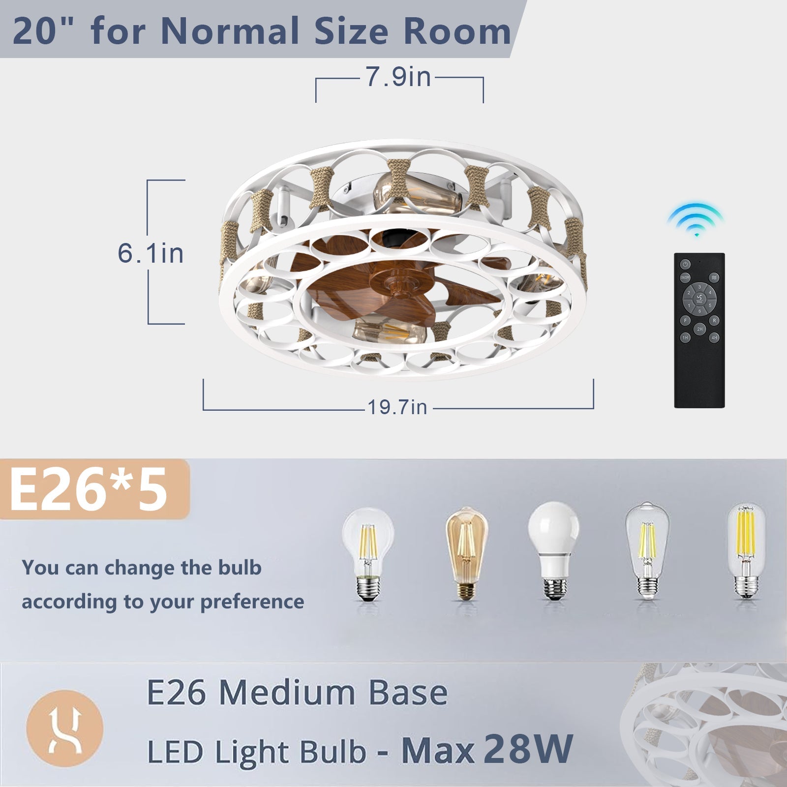 Caged Ceiling Fan with Lights Remote Control,Semi - embedded Modern Ceiling fans, 6 Speeds Reversible Blades, 4 LED Bulbs Include(White) - 1st Choice Furniture Direct