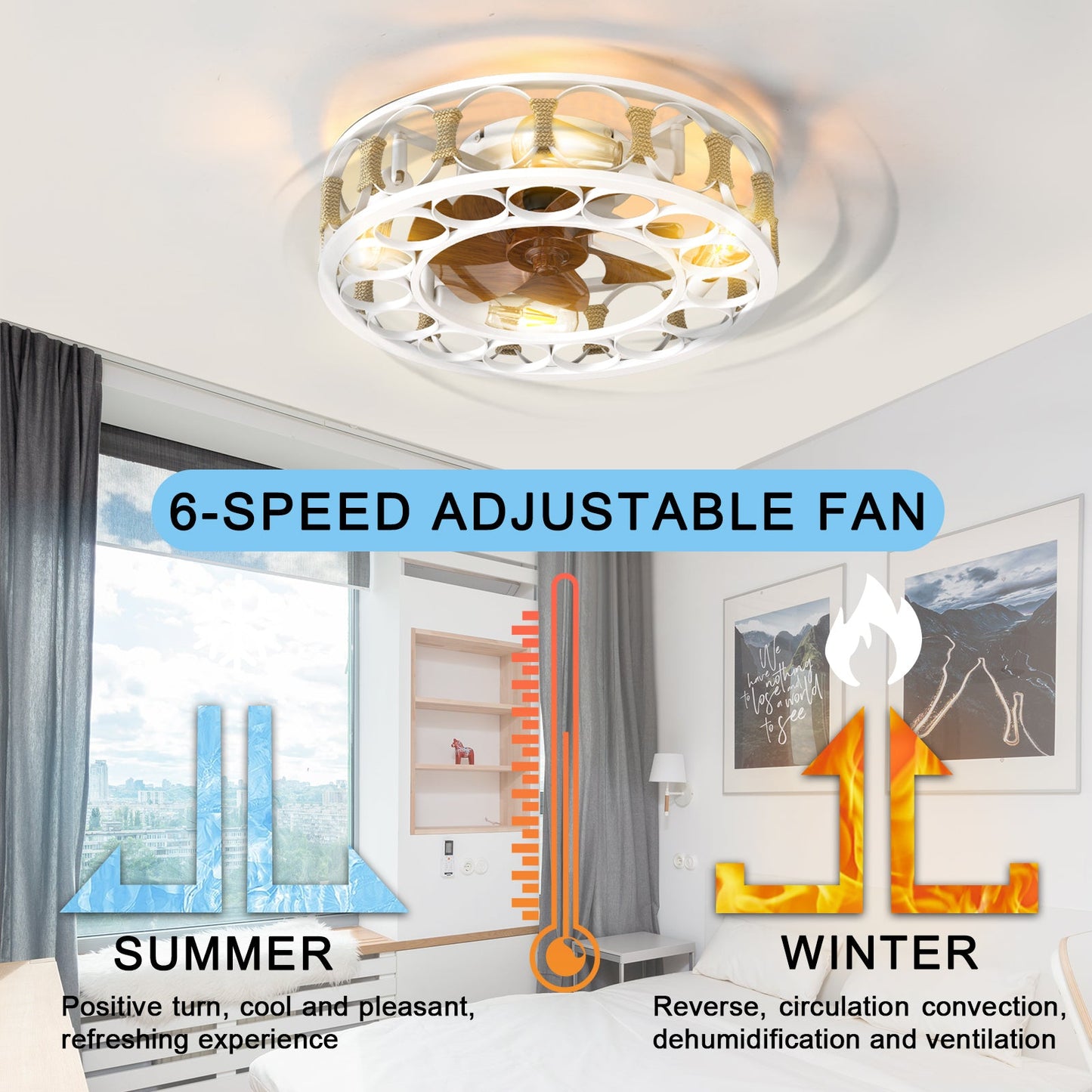 Caged Ceiling Fan with Lights Remote Control,Semi - embedded Modern Ceiling fans, 6 Speeds Reversible Blades, 4 LED Bulbs Include(White) - 1st Choice Furniture Direct