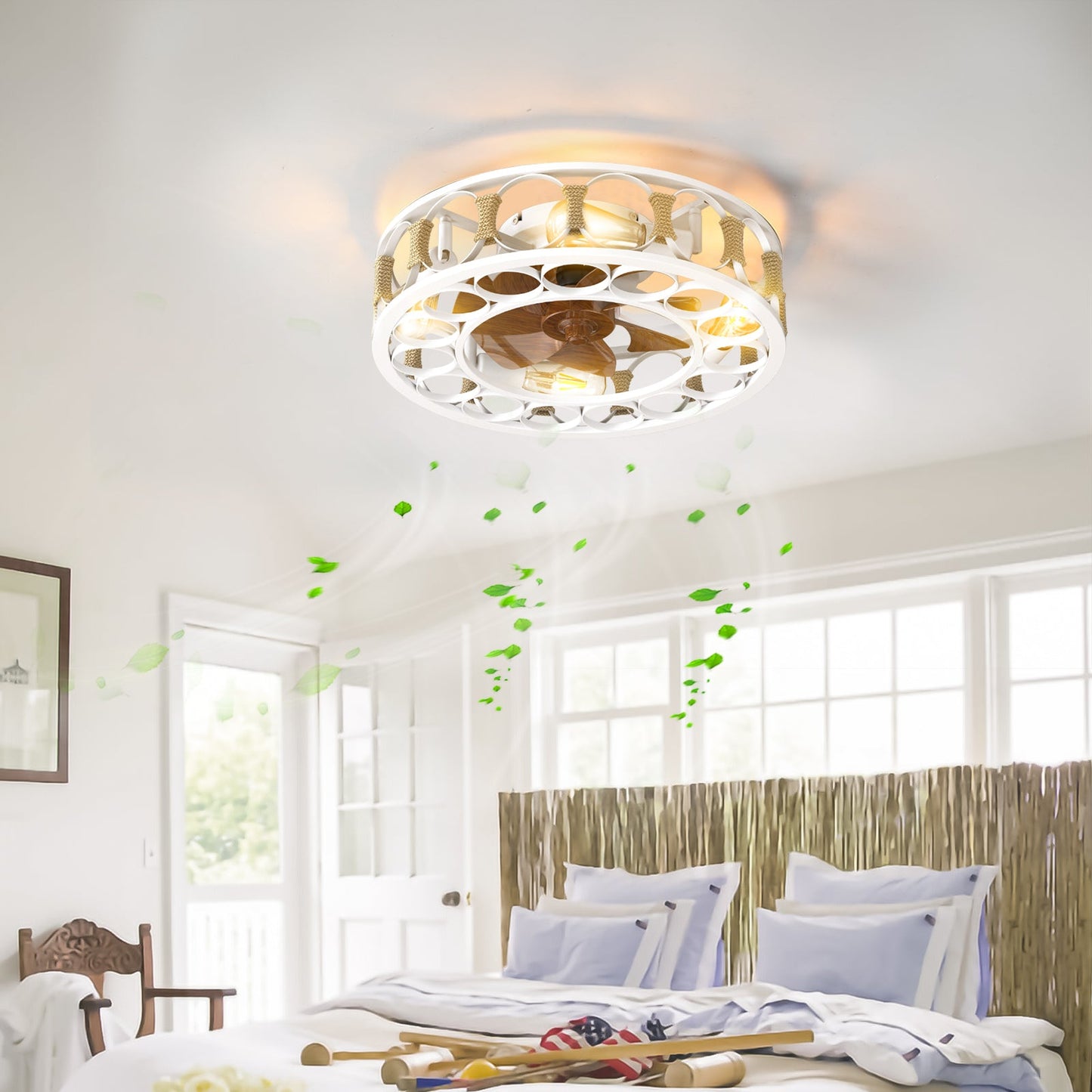 Caged Ceiling Fan with Lights Remote Control,Semi - embedded Modern Ceiling fans, 6 Speeds Reversible Blades, 4 LED Bulbs Include(White) - 1st Choice Furniture Direct
