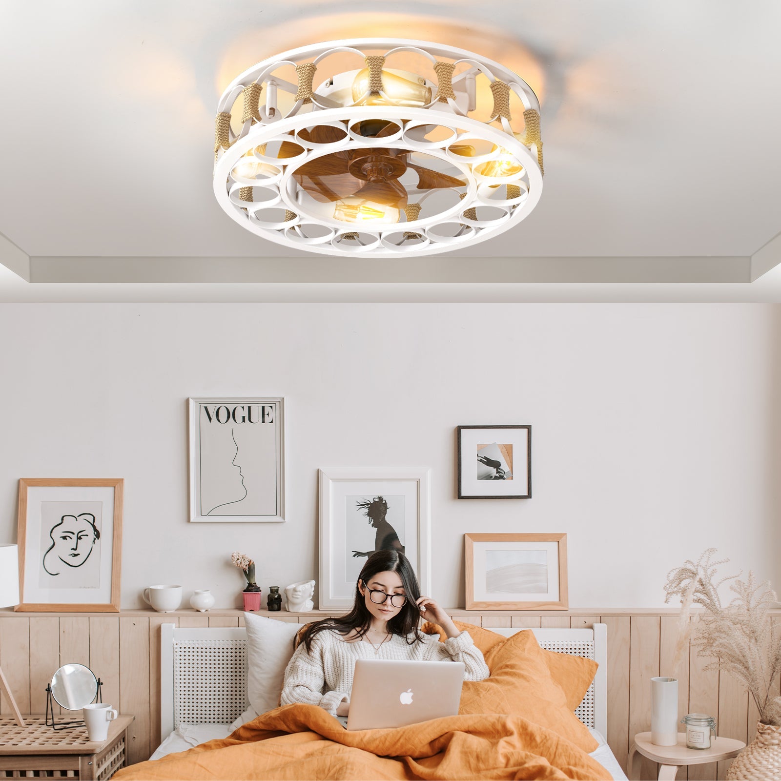 Caged Ceiling Fan with Lights Remote Control,Semi - embedded Modern Ceiling fans, 6 Speeds Reversible Blades, 4 LED Bulbs Include(White) - 1st Choice Furniture Direct