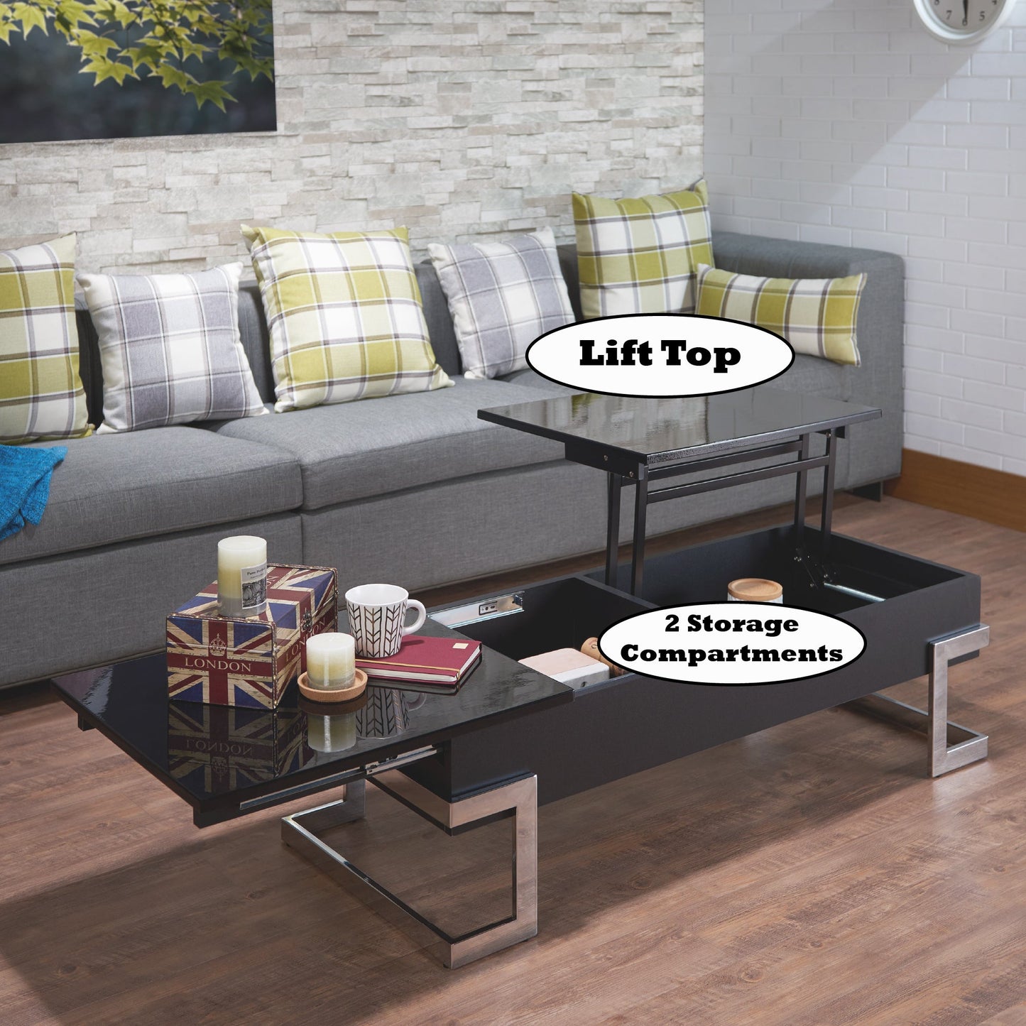 Calmam Black High Gloss & Chrome Finish Coffee Table with Lift Top and Hidden Storage - 1st Choice Furniture Direct