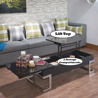 Calmam Black High Gloss & Chrome Finish Coffee Table with Lift Top and Hidden Storage - 1st Choice Furniture Direct