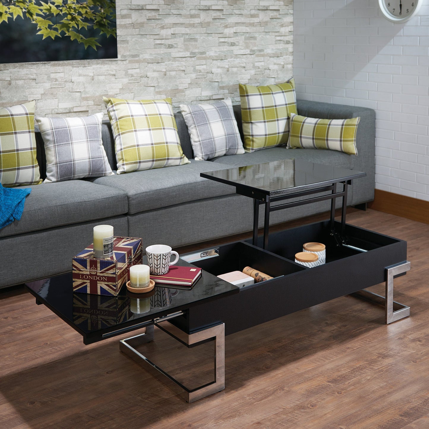 Calmam Black High Gloss & Chrome Finish Coffee Table with Lift Top and Hidden Storage - 1st Choice Furniture Direct