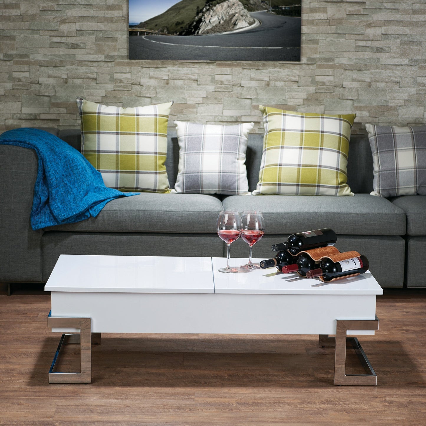 Calmam White High Gloss & Chrome Finish Coffee Table with Lift Top, Versatile Storage, Synthetic Wood - 1st Choice Furniture Direct
