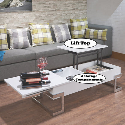 Calmam White High Gloss & Chrome Finish Coffee Table with Lift Top, Versatile Storage, Synthetic Wood - 1st Choice Furniture Direct