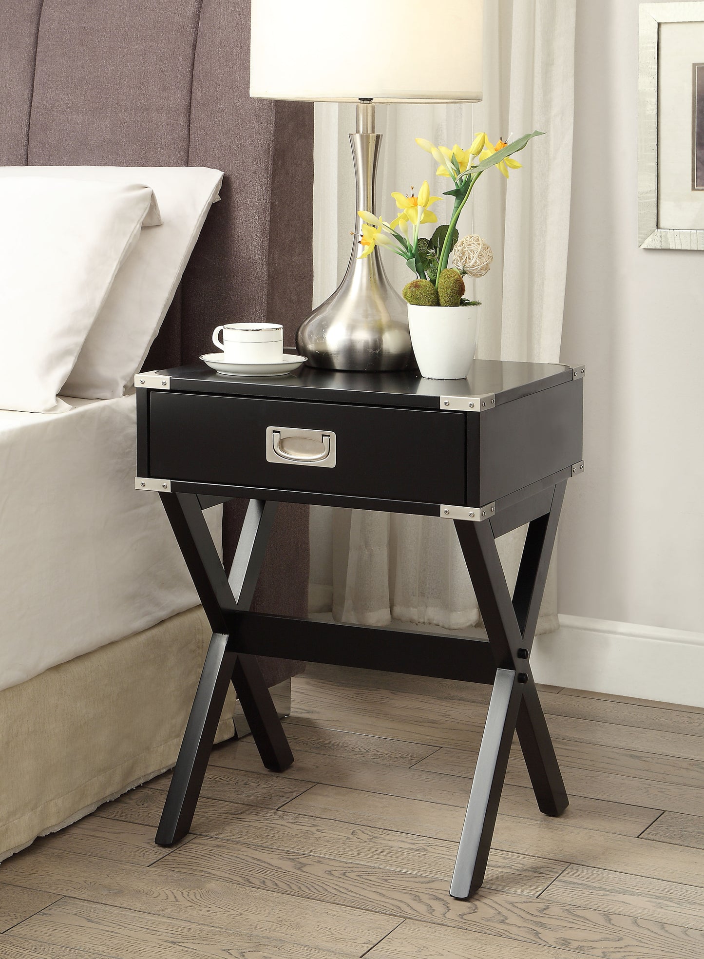 Black End Table with Storage Drawer and X-Base